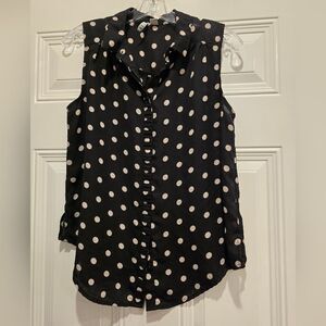 Elle Black and Cream Polka-Dot Button Down Sleeveless Blouse, Size XS